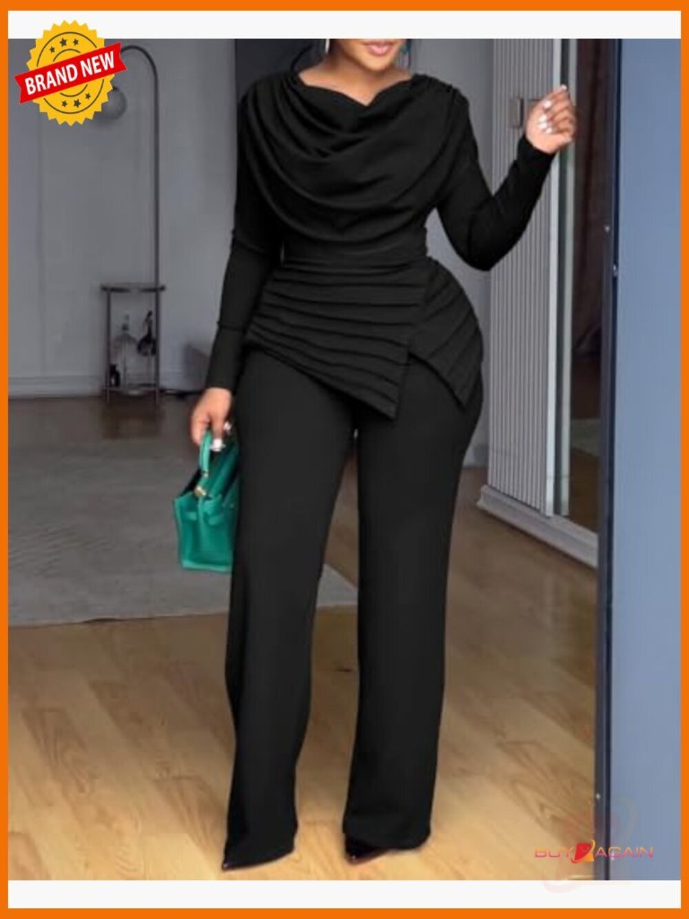 Women's Long Sleeve Jumpsuit Dressy Cowl Neck Asymmetrical Hem Back Zipper One - Picture 3 of 7